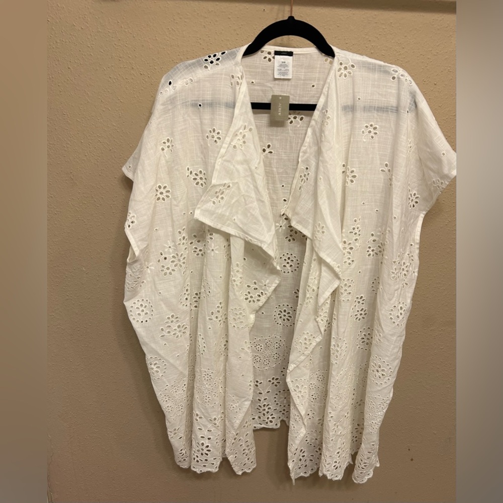 J Crew Women's White Size S/M Beach Eyelet Swim Cover Up Topper Open Front  NWT